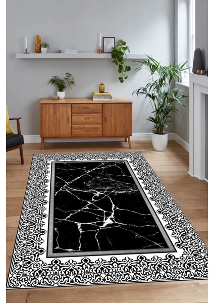 Dijital Baskılı Kaymaz Taban Yıkanabilir Mermer Yolluk Mutfak Salon Halısı, N-Mermer-10-Siyah,