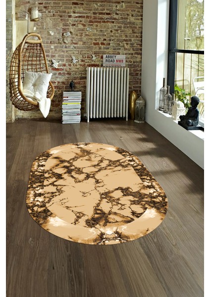 Dijital Baskılı Kaymaz Taban Yıkanabilir Mermer Oval Yolluk Salon Halısı, N-O-Mermer-30-Kahve,