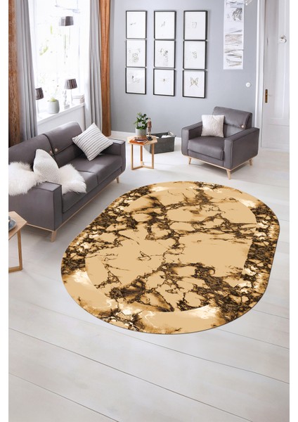 Dijital Baskılı Kaymaz Taban Yıkanabilir Mermer Oval Yolluk Salon Halısı, N-O-Mermer-30-Kahve, fiyatları