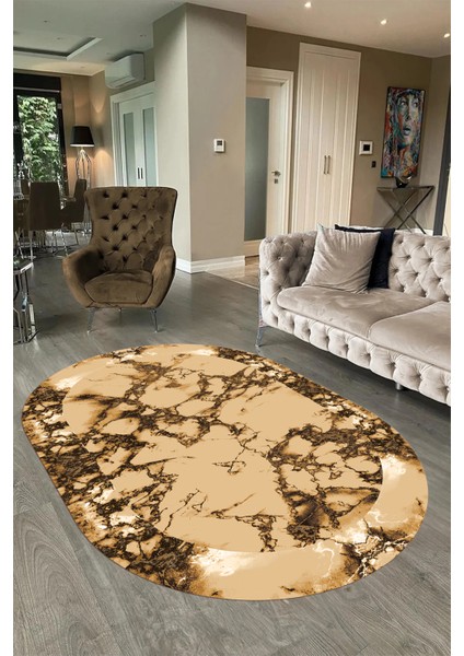 Dijital Baskılı Kaymaz Taban Yıkanabilir Mermer Oval Yolluk Salon Halısı, N-O-Mermer-30-Kahve, fırsatları