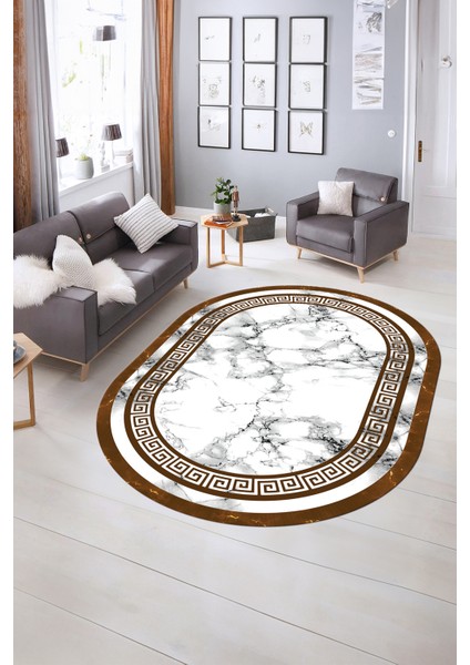 Dijital Baskılı Kaymaz Taban Yıkanabilir Mermer Oval Yolluk Salon Halısı, N-O-Mermer-21-Kahve,
