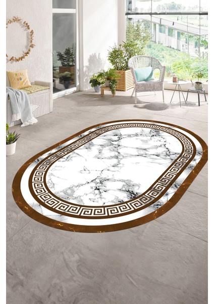 Dijital Baskılı Kaymaz Taban Yıkanabilir Mermer Oval Yolluk Salon Halısı, N-O-Mermer-21-Kahve,