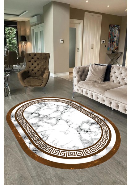 Dijital Baskılı Kaymaz Taban Yıkanabilir Mermer Oval Yolluk Salon Halısı, N-O-Mermer-21-Kahve,