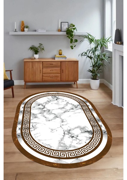 Dijital Baskılı Kaymaz Taban Yıkanabilir Mermer Oval Yolluk Salon Halısı, N-O-Mermer-21-Kahve,