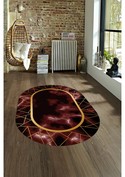 Dijital Baskılı Kaymaz Taban Yıkanabilir Mermer Oval Yolluk Salon Halısı, N-O-Mermer-24-Bordo,