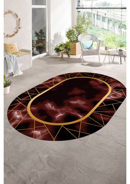 Dijital Baskılı Kaymaz Taban Yıkanabilir Mermer Oval Yolluk Salon Halısı, N-O-Mermer-24-Bordo, modelleri