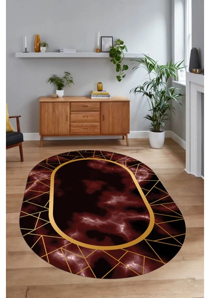 Dijital Baskılı Kaymaz Taban Yıkanabilir Mermer Oval Yolluk Salon Halısı, N-O-Mermer-24-Bordo, indirimleri