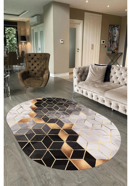 Dijital Baskılı Kaymaz Taban Yıkanabilir Mermer Oval Yolluk Salon Halısı, N-O-Mermer-19-Gold, fırsatları