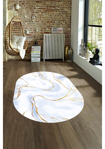 Dijital Baskılı Kaymaz Taban Yıkanabilir Mermer Oval Yolluk Salon Halısı, N-O-Mermer-29-Mavi,