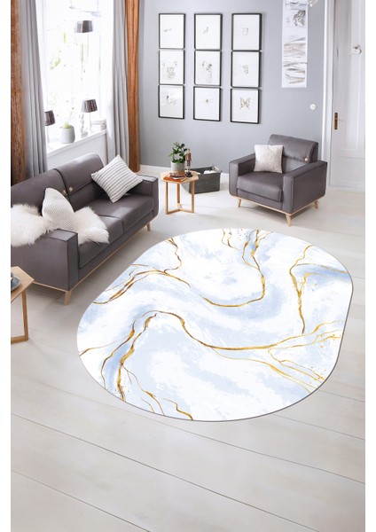 Dijital Baskılı Kaymaz Taban Yıkanabilir Mermer Oval Yolluk Salon Halısı, N-O-Mermer-29-Mavi, fiyatları
