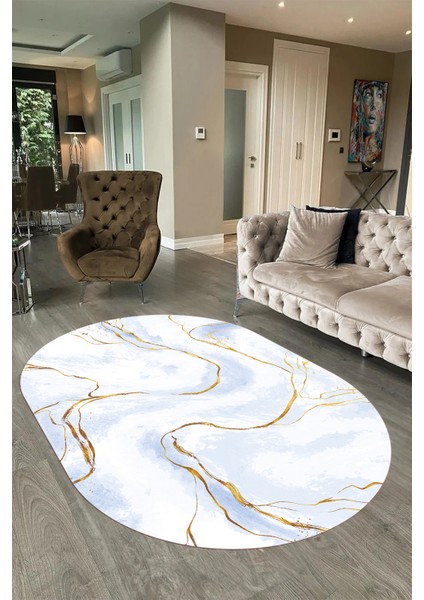Dijital Baskılı Kaymaz Taban Yıkanabilir Mermer Oval Yolluk Salon Halısı, N-O-Mermer-29-Mavi, fırsatları