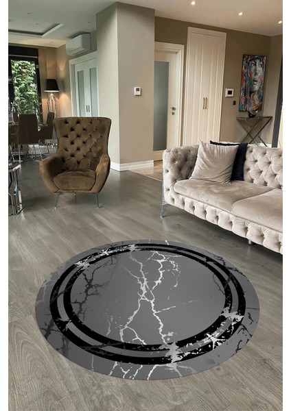 Dijital Baskılı Kaymaz Yıkanabilir Mermer Yuvarlak Mutfak Salon Halısı, N-Y-Mermer-08-Antrasit,