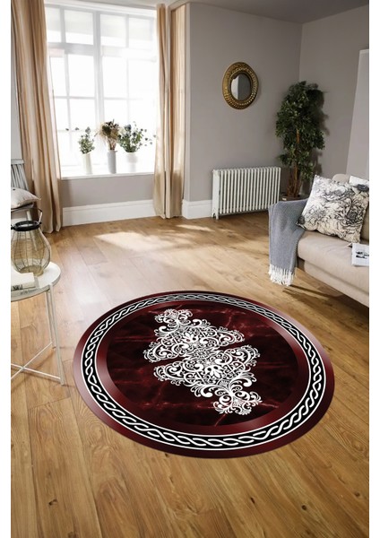 Dijital Baskılı Kaymaz Yıkanabilir Mermer Yuvarlak Mutfak Salon Halısı, N-Y-Mermer-09-Bordo,