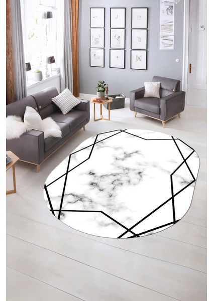 Dijital Baskılı Kaymaz Taban Yıkanabilir Mermer Oval Yolluk Salon Halısı, N-O-Mermer-15-Siyah,