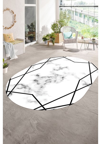 Dijital Baskılı Kaymaz Taban Yıkanabilir Mermer Oval Yolluk Salon Halısı, N-O-Mermer-15-Siyah,