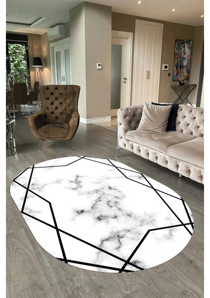Dijital Baskılı Kaymaz Taban Yıkanabilir Mermer Oval Yolluk Salon Halısı, N-O-Mermer-15-Siyah,