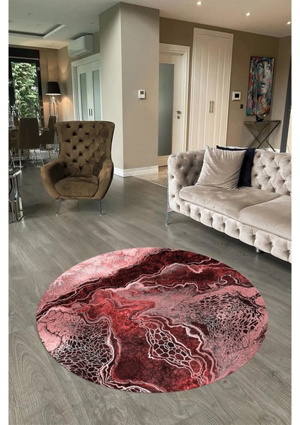 Dijital Baskılı Kaymaz Yıkanabilir Mermer Yuvarlak Mutfak Salon Halısı, N-Y-Mermer-25-Bordo,