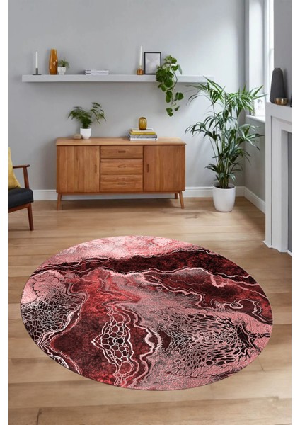 Dijital Baskılı Kaymaz Yıkanabilir Mermer Yuvarlak Mutfak Salon Halısı, N-Y-Mermer-25-Bordo,