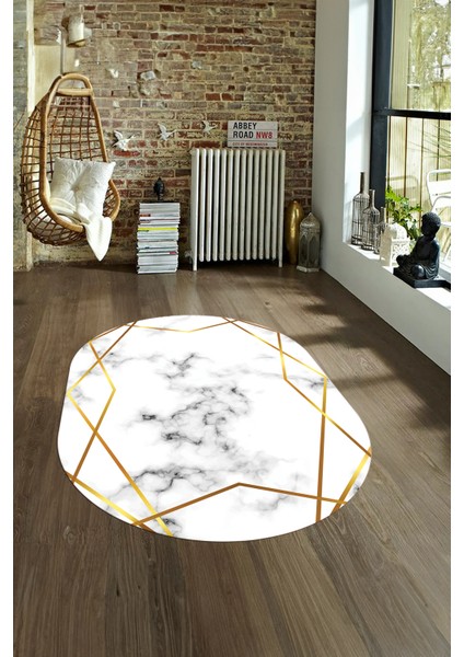 Dijital Baskılı Kaymaz Taban Yıkanabilir Mermer Oval Yolluk Salon Halısı, N-O-Mermer-15-Gold,
