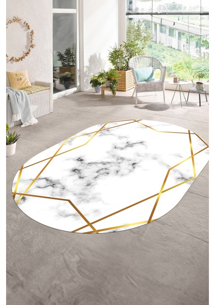 Dijital Baskılı Kaymaz Taban Yıkanabilir Mermer Oval Yolluk Salon Halısı, N-O-Mermer-15-Gold, modelleri
