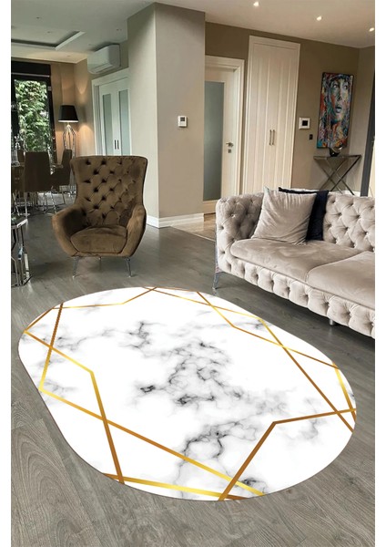 Dijital Baskılı Kaymaz Taban Yıkanabilir Mermer Oval Yolluk Salon Halısı, N-O-Mermer-15-Gold, fırsatları