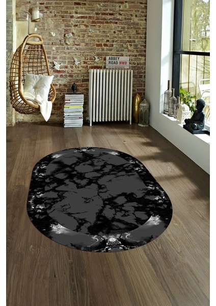 Dijital Baskılı Kaymaz Taban Yıkanabilir Mermer Oval Yolluk Salon Halısı, N-O-Mermer-30-Antrasit,