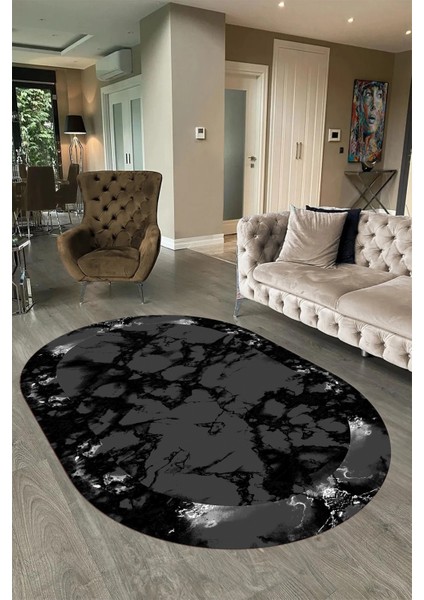 Dijital Baskılı Kaymaz Taban Yıkanabilir Mermer Oval Yolluk Salon Halısı, N-O-Mermer-30-Antrasit, fırsatları