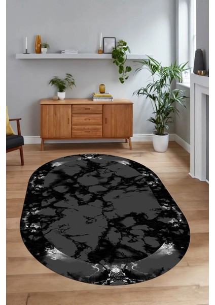 Dijital Baskılı Kaymaz Taban Yıkanabilir Mermer Oval Yolluk Salon Halısı, N-O-Mermer-30-Antrasit, indirimleri