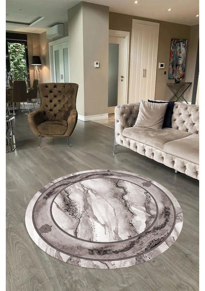 Dijital Baskılı Kaymaz Yıkanabilir Mermer Yuvarlak Mutfak Salon Halısı, N-Y-Mermer-03-Gri,