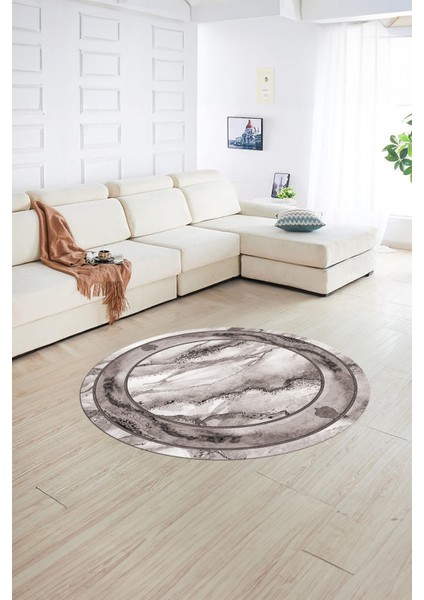 Dijital Baskılı Kaymaz Yıkanabilir Mermer Yuvarlak Mutfak Salon Halısı, N-Y-Mermer-03-Gri,