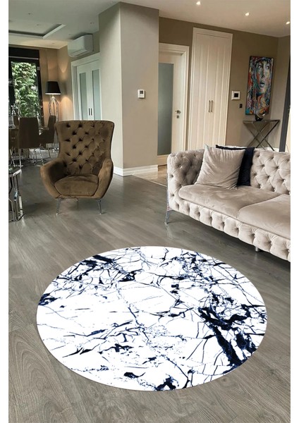 Dijital Baskılı Kaymaz Yıkanabilir Mermer Yuvarlak Mutfak Salon Halısı, N-Y-Mermer-27-Mavi,