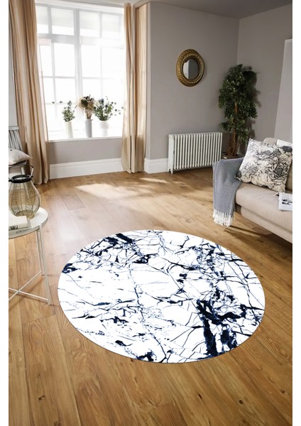 Dijital Baskılı Kaymaz Yıkanabilir Mermer Yuvarlak Mutfak Salon Halısı, N-Y-Mermer-27-Mavi, indirimleri