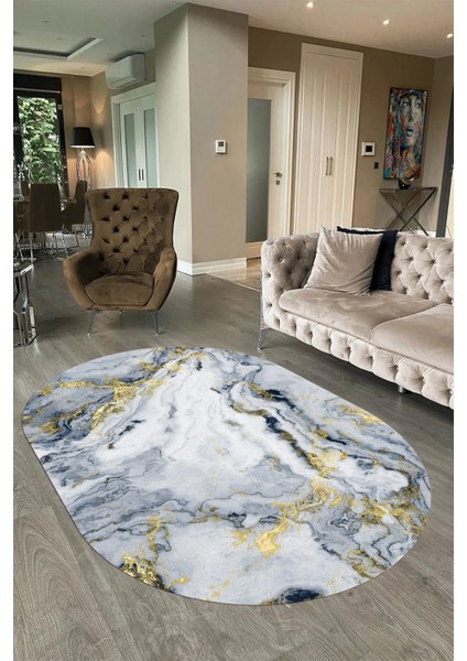 Dijital Baskılı Kaymaz Taban Yıkanabilir Mermer Oval Yolluk Salon Halısı, N-O-Mermer-26-Mavi, fırsatları