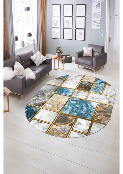 Dijital Baskılı Kaymaz Taban Yıkanabilir Mermer Oval Yolluk Salon Halısı, N-O-Mermer-28-Mavi,