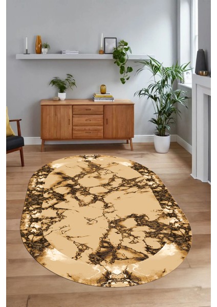 Dijital Baskılı Kaymaz Taban Yıkanabilir Mermer Oval Yolluk Salon Halısı, N-O-Mermer-30-Kahve, indirimleri