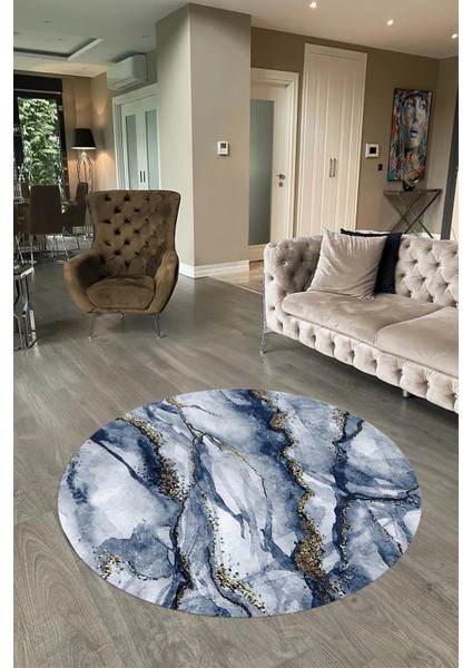 Dijital Baskılı Kaymaz Yıkanabilir Mermer Yuvarlak Mutfak Salon Halısı, N-Y-Mermer-02-Mavi,