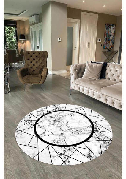 Dijital Baskılı Kaymaz Yıkanabilir Mermer Yuvarlak Mutfak Salon Halısı, N-Y-Mermer-11-Siyah,