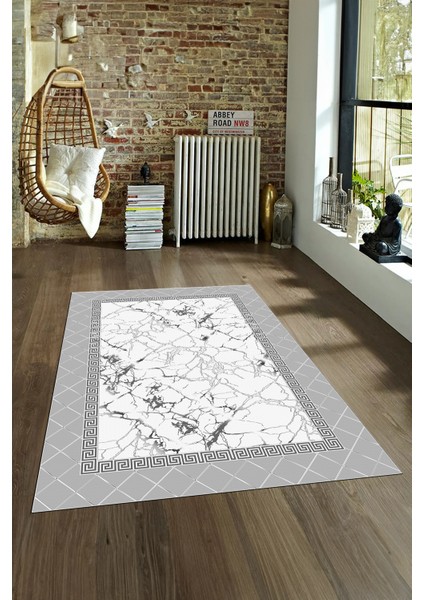 Dijital Baskılı Kaymaz Taban Yıkanabilir Mermer Yolluk Mutfak Salon Halısı, N-Mermer-23-Gri,