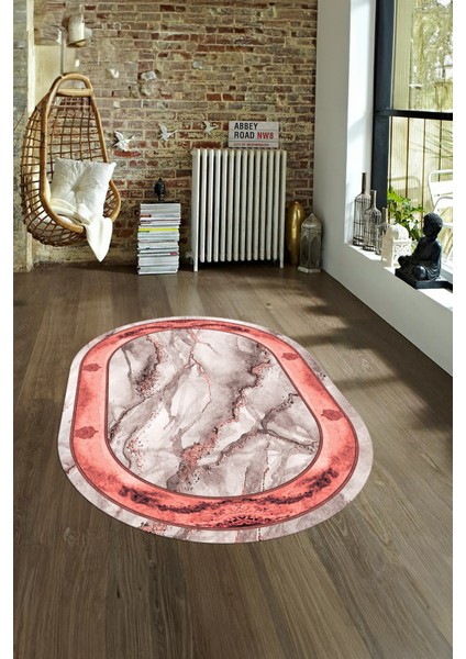 Dijital Baskılı Kaymaz Taban Yıkanabilir Mermer Oval Yolluk Salon Halısı, N-O-Mermer-03-Pembe,