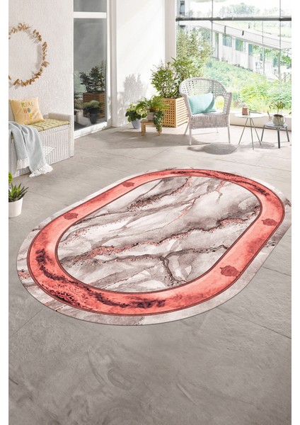 Dijital Baskılı Kaymaz Taban Yıkanabilir Mermer Oval Yolluk Salon Halısı, N-O-Mermer-03-Pembe, modelleri