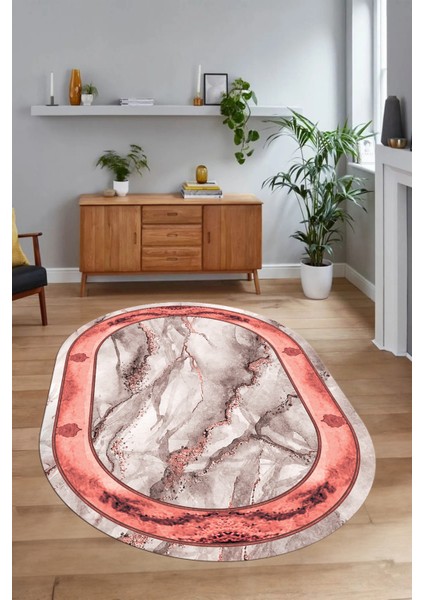 Dijital Baskılı Kaymaz Taban Yıkanabilir Mermer Oval Yolluk Salon Halısı, N-O-Mermer-03-Pembe, indirimleri