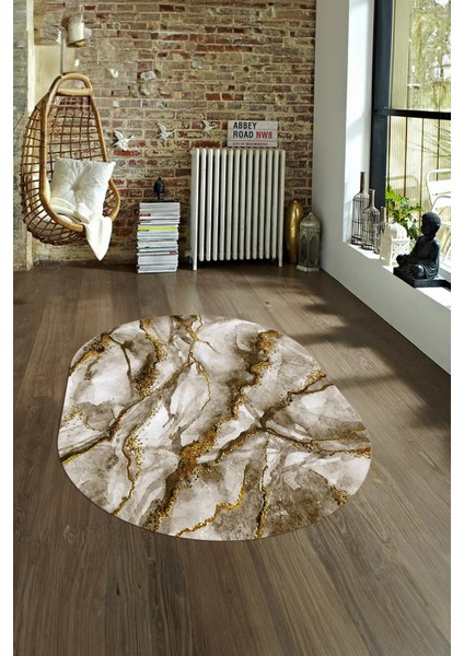 Dijital Baskılı Kaymaz Taban Yıkanabilir Mermer Oval Yolluk Salon Halısı, N-O-Mermer-02-Kahve,