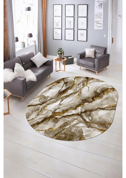 Dijital Baskılı Kaymaz Taban Yıkanabilir Mermer Oval Yolluk Salon Halısı, N-O-Mermer-02-Kahve,