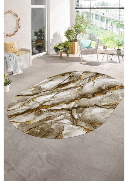 Dijital Baskılı Kaymaz Taban Yıkanabilir Mermer Oval Yolluk Salon Halısı, N-O-Mermer-02-Kahve,