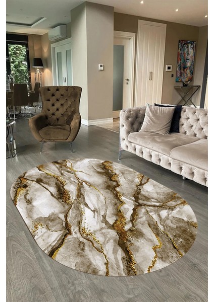 Dijital Baskılı Kaymaz Taban Yıkanabilir Mermer Oval Yolluk Salon Halısı, N-O-Mermer-02-Kahve,