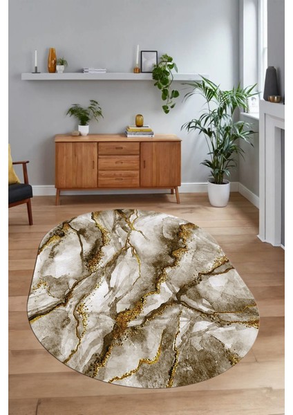 Dijital Baskılı Kaymaz Taban Yıkanabilir Mermer Oval Yolluk Salon Halısı, N-O-Mermer-02-Kahve,