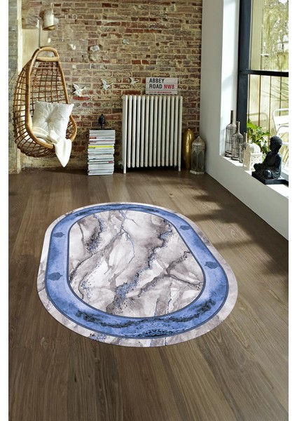 Dijital Baskılı Kaymaz Taban Yıkanabilir Mermer Oval Yolluk Salon Halısı, N-O-Mermer-03-Mavi,