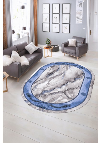 Dijital Baskılı Kaymaz Taban Yıkanabilir Mermer Oval Yolluk Salon Halısı, N-O-Mermer-03-Mavi, fiyatları