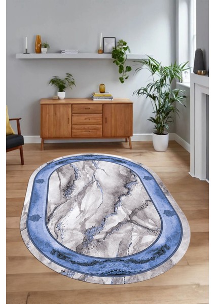 Dijital Baskılı Kaymaz Taban Yıkanabilir Mermer Oval Yolluk Salon Halısı, N-O-Mermer-03-Mavi, indirimleri