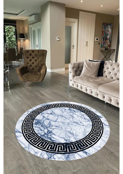 Dijital Baskılı Kaymaz Yıkanabilir Mermer Yuvarlak Mutfak Salon Halısı, N-Y-Mermer-12-Mavi,